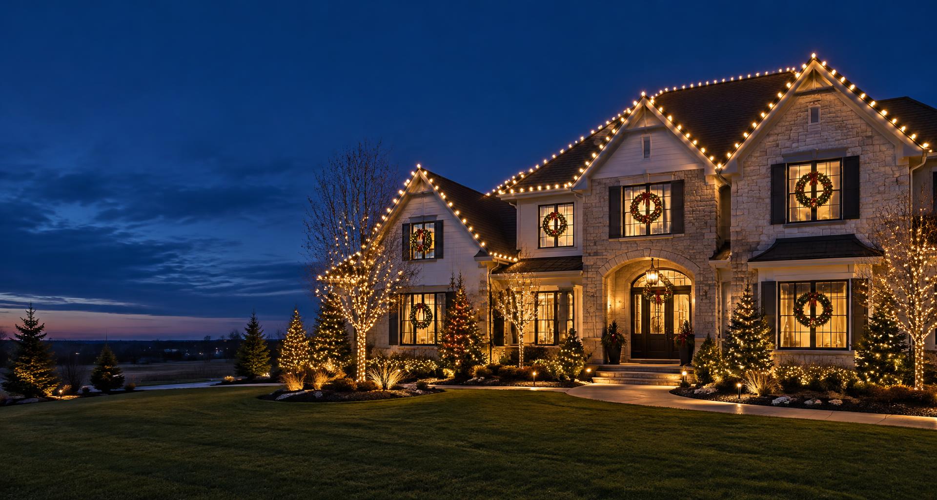 Luxury home decorated with warm white Christmas roofline lights and glowing trees
