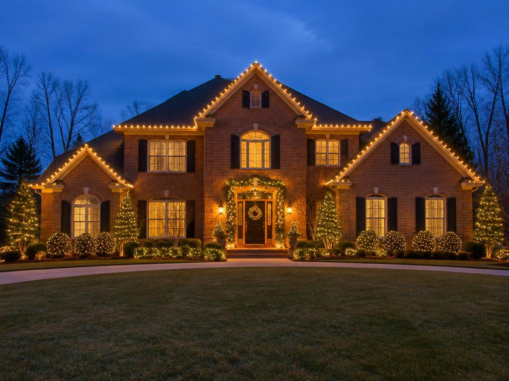 Brick home with golden roofline lights and festive entry garland