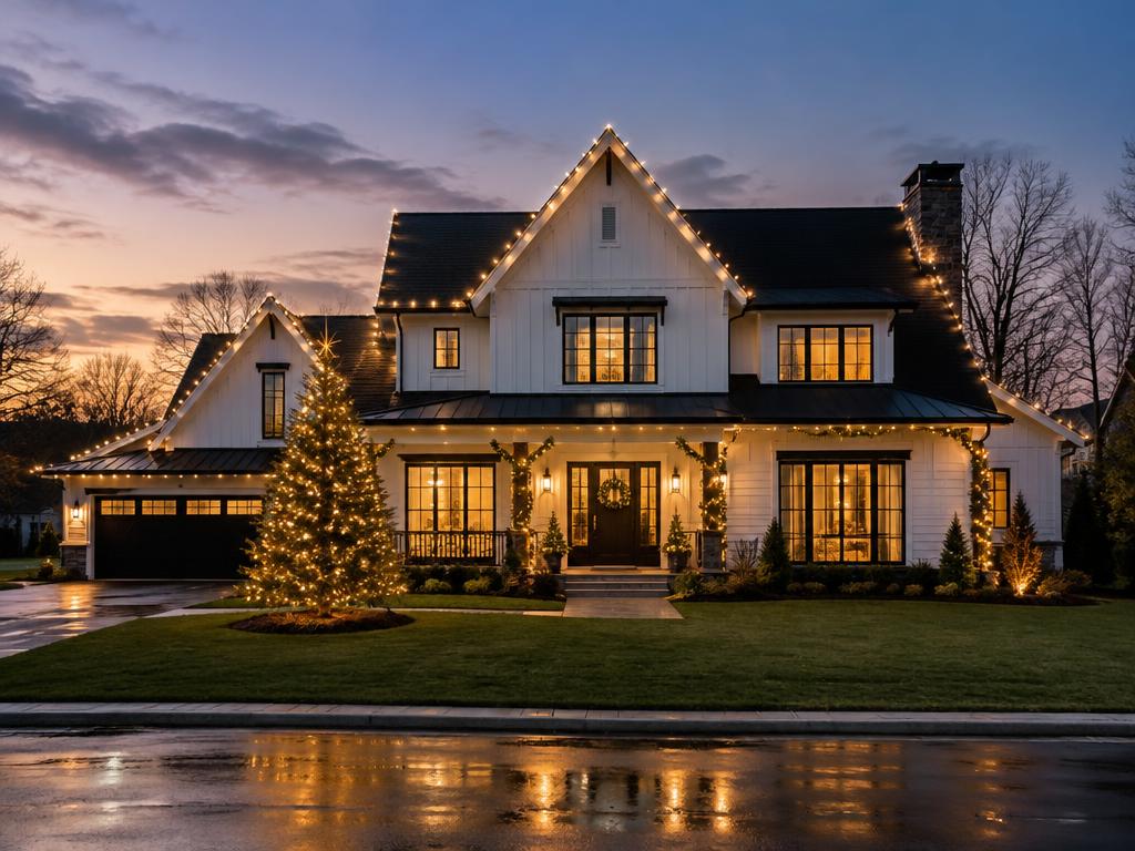 Modern farmhouse with Christmas lights and illuminated evergreen